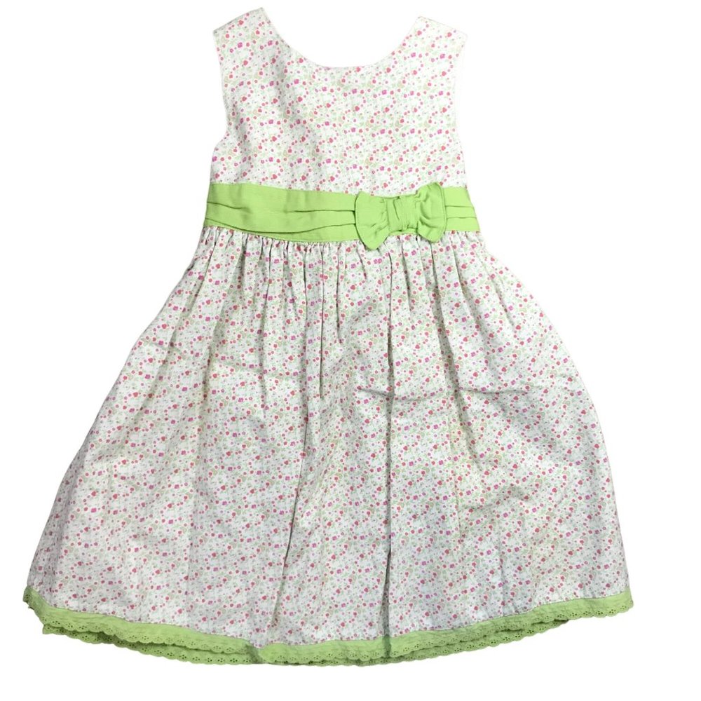 Vintage Laura Ashley Cotton Blend Floral Sleeveless Dress Girls 4 Green Bow